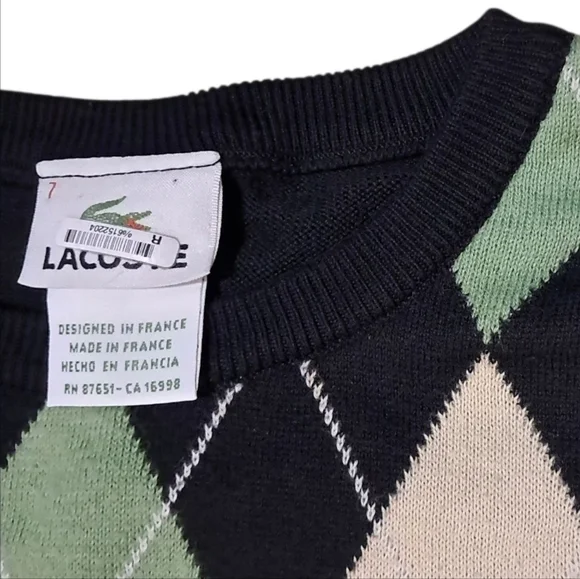 Lacoste Men’s XXL Argyle Crewneck Sweater Black Green Cotton Pullover - Picture 2 of 10